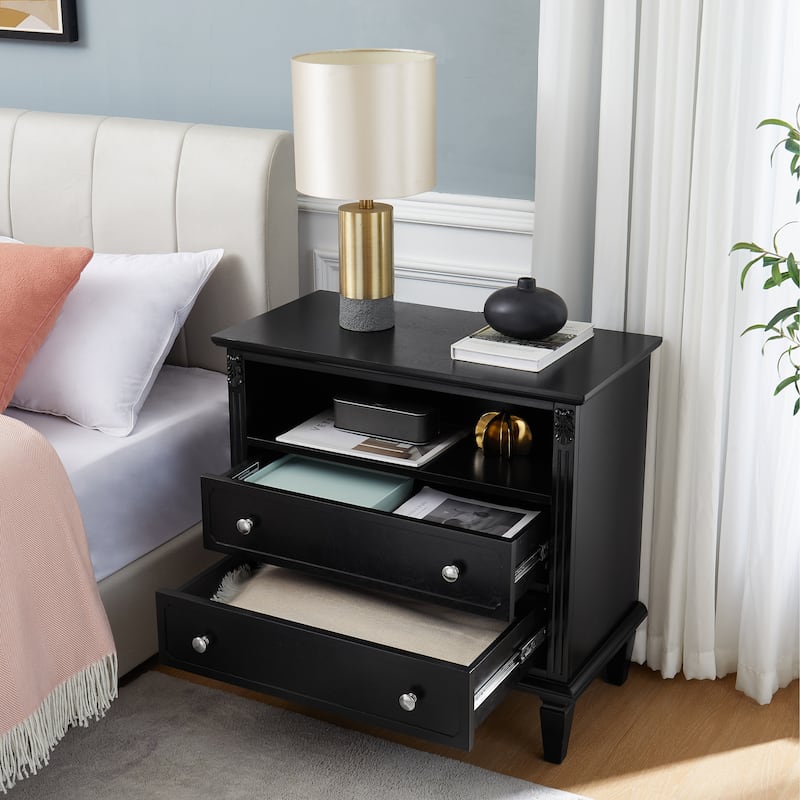 Farmhouse Nightstand with 2 Drawers and Charging Station, Solid Wood Legs, USB Ports & Open Shelf, Fluted Design End Table