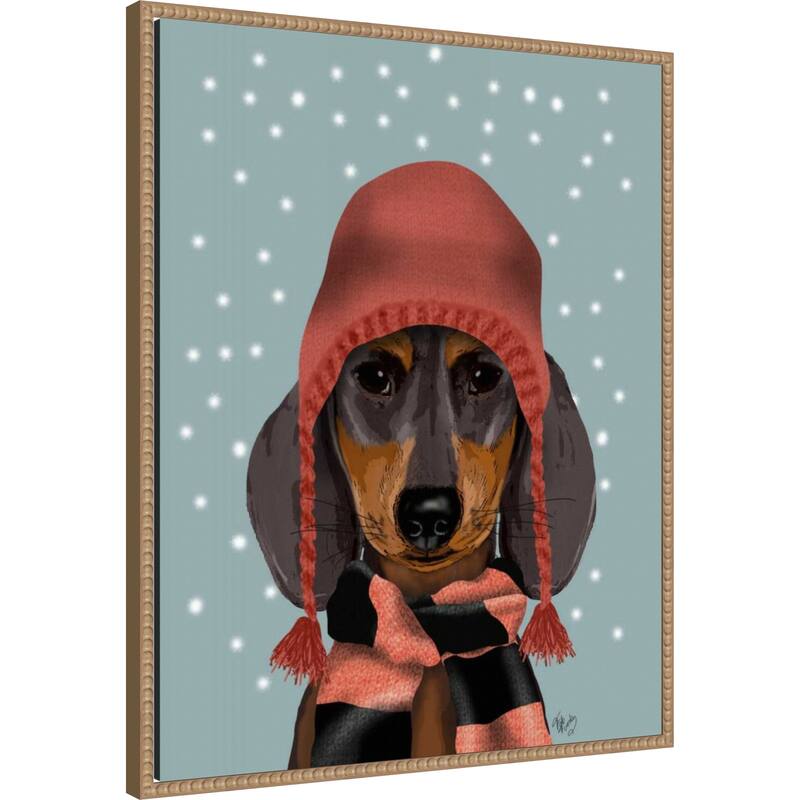 Dachshund With Woolly Hat and Scarf by Fab Funky (23 x 28 in.), Framed Canvas Wall Art Print - Sylvie Beaded Rustic Natural