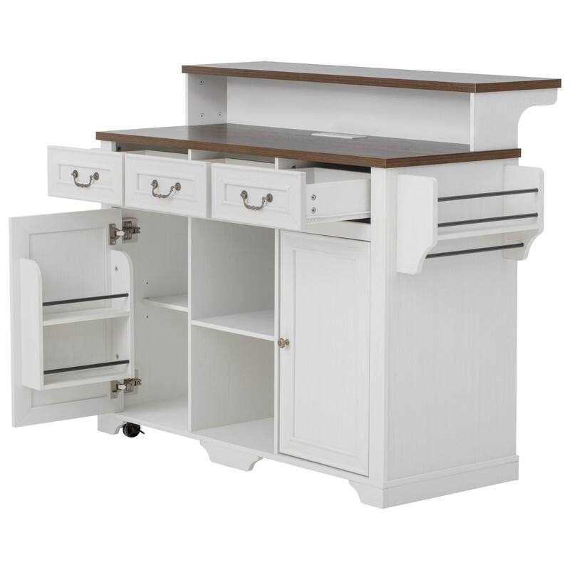 Farmhouse 53.2" Kitchen Island with Power Outlet, Rolling Island Table, Bar Cabinet with Storage 4 Door Shelves and 3 Drawers