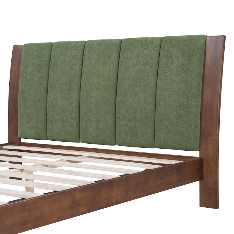 Pine Wood Bed Frame Mid Century Modern Platform Bed with Green Upholstered Headboard, Wood Slat Support Low Profile Wingback Bed