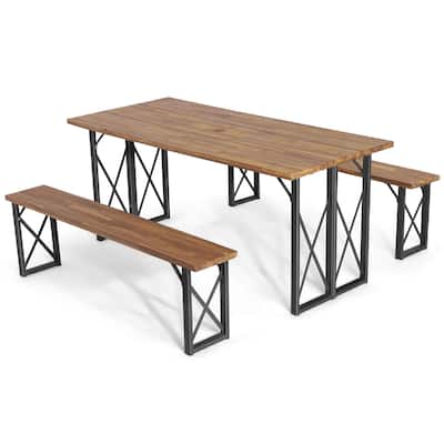 Costway 3 PCS Outdoor Acacia Wood Patio Dining Table Bench Set with - 67'' x 30.5'' x 29.5'' (L x W x H)