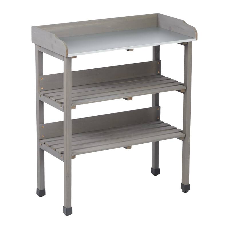30″x14.5″×35.5″ Potting Table w/Metal Tabletop, 3 Layers Outdoor Work Bench - Grey