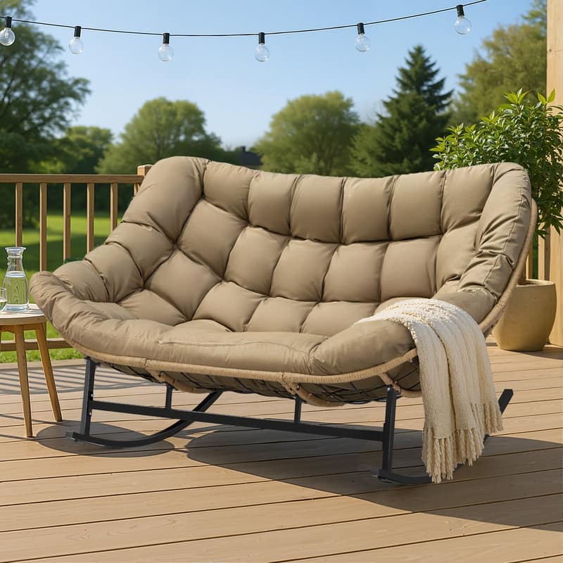 FINCATI Outdoor Double Papasan Chair, Oversized Patio Rocking Chair, 700 lbs Indoor Wicker Rocking Chair for Two