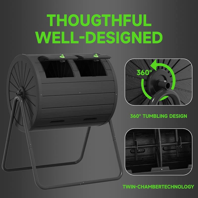 Dual Chamber Tumbling Composter, 43 Gallon Outdoor Tumbling Composter, Rotating Design with Renovate Doors and Steel Frame