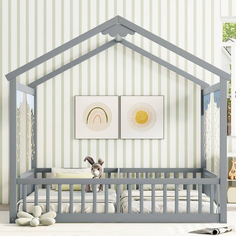 House-Style Double Twin Size Floor Bed with Fence, Guardrails, without Door