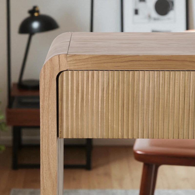 Modern 3-Drawer Console Table with Vertical Slat Design, Rounded Edge Entryway Storage Table with Shelf