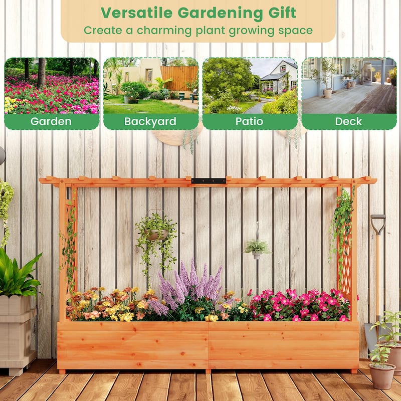 Gymax Raised Garden Bed w/ 2-Sided Trellis & Hanging Roof Fir Wood