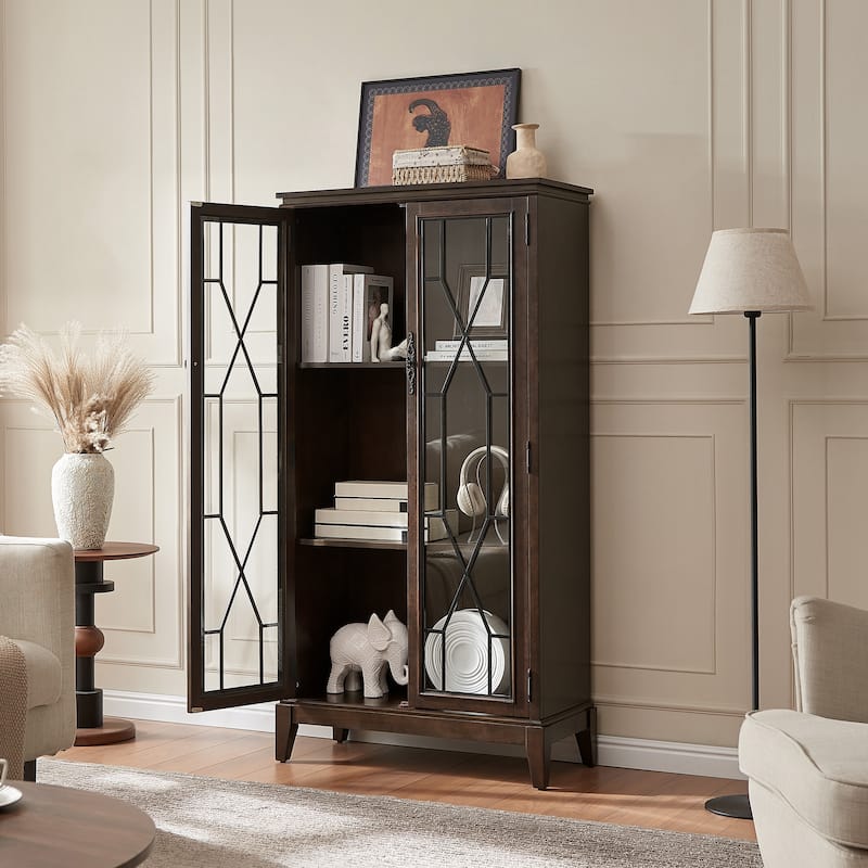 Morden Fort Tall Wooden Storage Cabinet with Glass Doors for Living Room, Dining Room, Cherry - DarkWalnut
