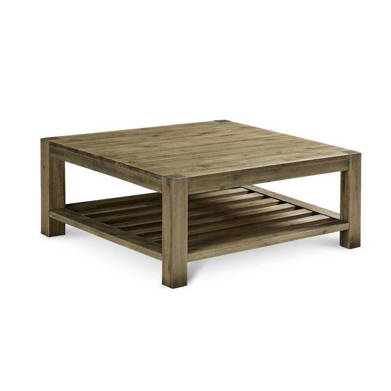 Cyon 42 Inch Square Coffee Table, Washed Gray and Brown Wood, Open Shelf