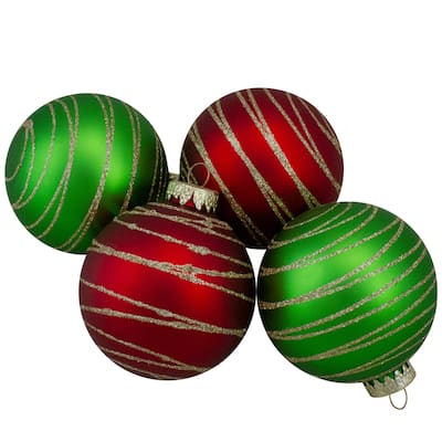4ct Glass Red and Green Matte Christmas Ball Ornaments 3.25-Inch (80mm) - 3.25"
