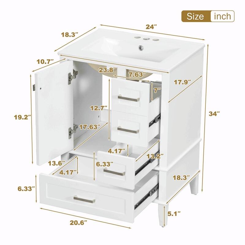 24.8" Bathroom Vanity with Ceramic Sink, Modern Freestanding Cabinet with Soft-Close Door and 3 Storage Drawers