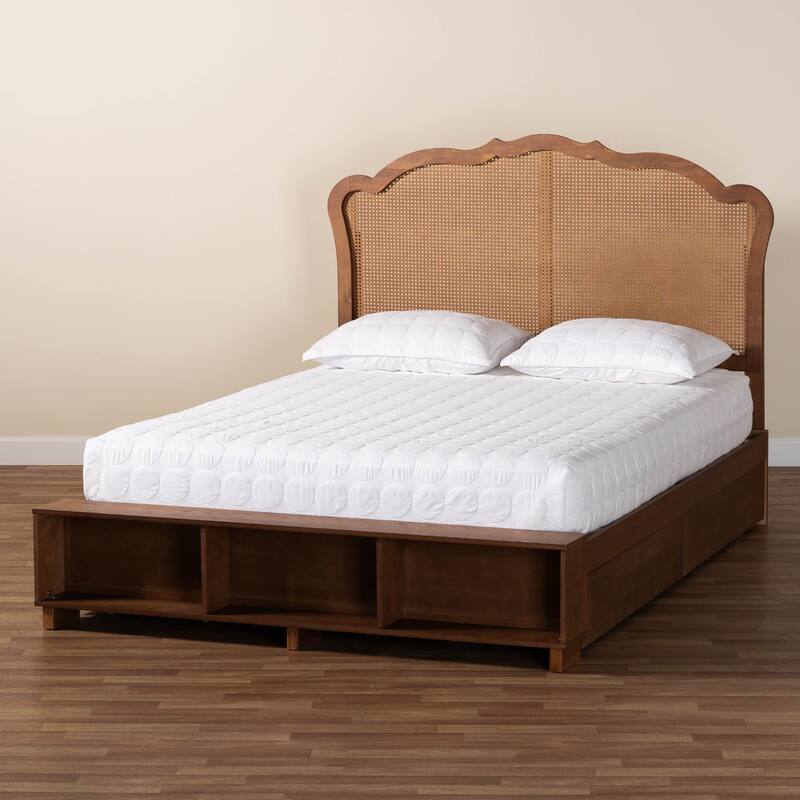 Latrell Mid-Century Walnut Brown Wood and Rattan Storage Bed