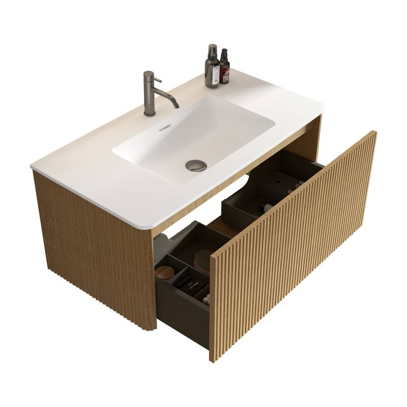 GDFStudio - Etna Floating Bathroom Vanity with Integrated Ceramic Sink, Modern Handle-Free Wall-Mounted Design, Pre-Assembled