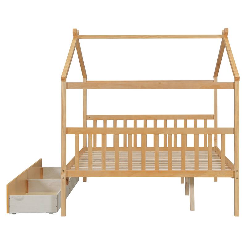 Full Size Wooden House Bed with Drawers, Natural Finish, Sturdy Pinewood Construction