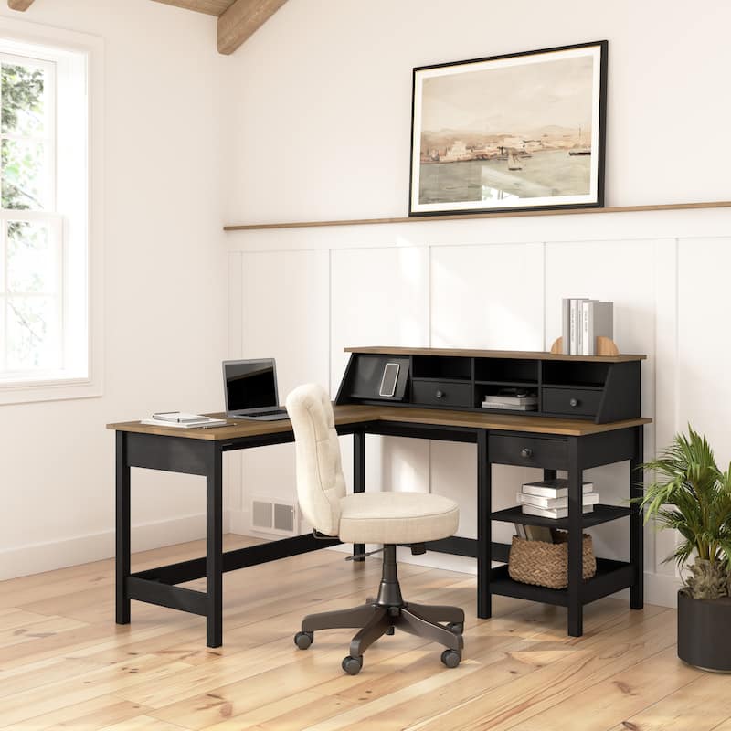 Mayfield 60W L Shaped Computer Desk with Organizer by Bush Furniture - Vintage Black/Reclaimed Pine