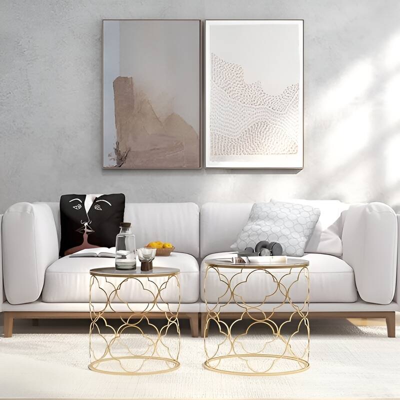 Coffee Table Set of 2 with Glass Top and Metal Wire, Round Side End Table - Gold - Glass