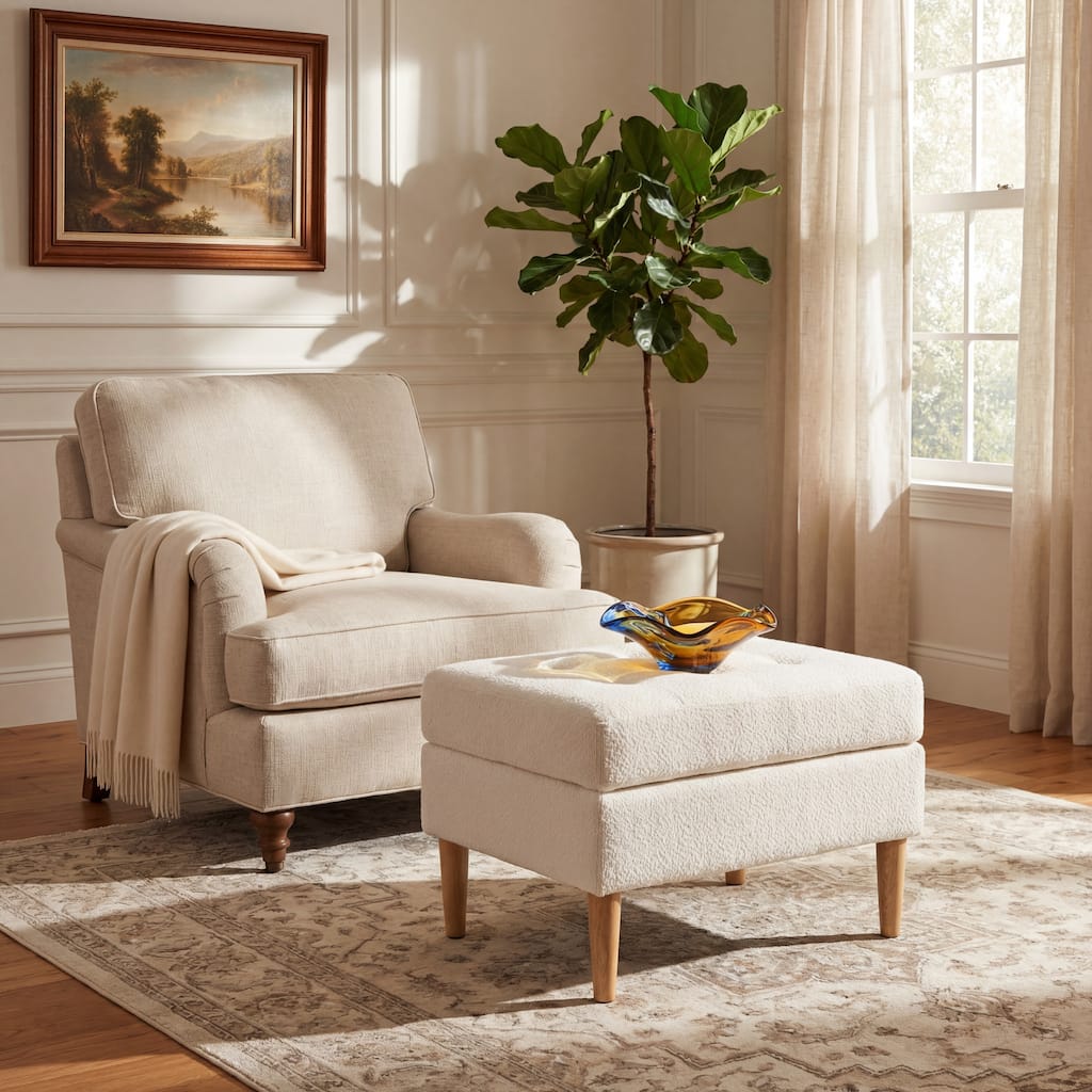 Christopher Knight Home - Modern Mid-Century Upholstered Button-Tufted Ottoman with Solid Wood Legs & Versatile Use