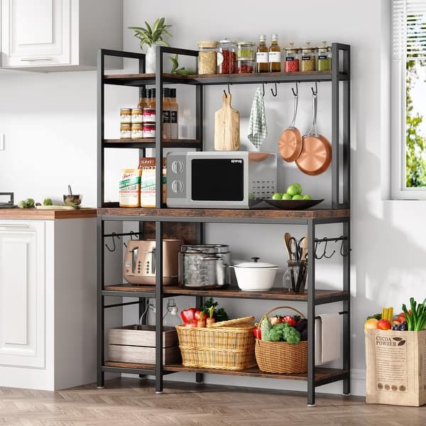 slide 2 of 9, Kitchen Bakers Rack with Storage, 43 inch Microwave Stand 5-Tier Kitchen Utility Storage Shelf Rustic Brown