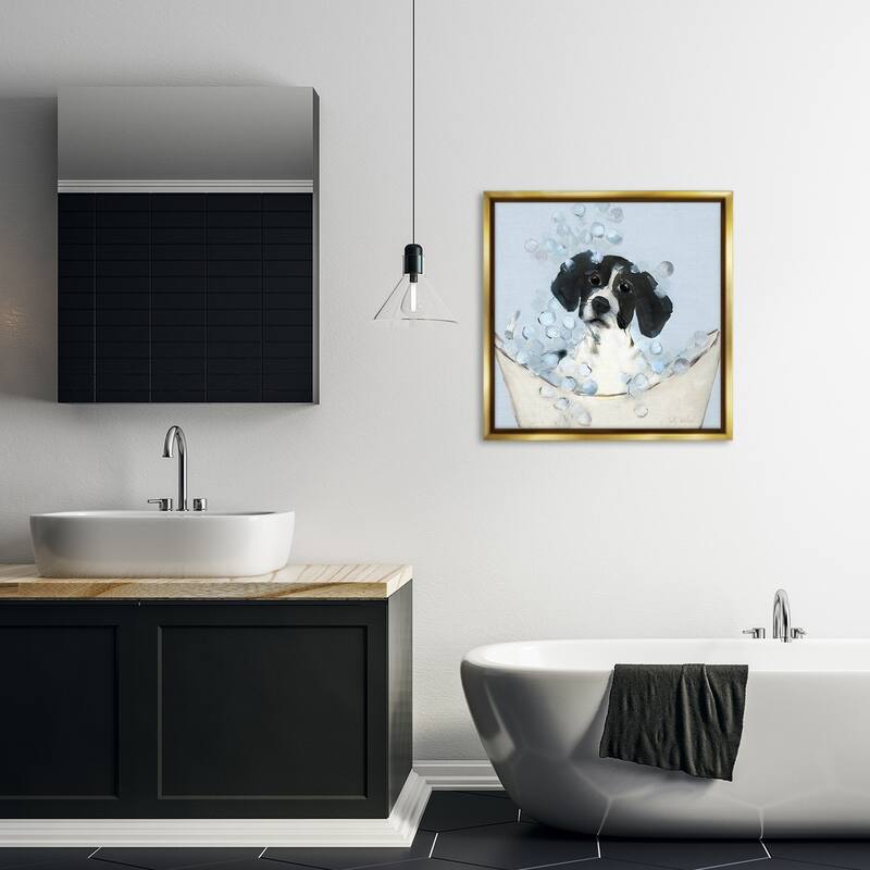 Stupell Black & White Puppy in Tub Framed Floater Canvas Wall Art Design By Sally Swatland
