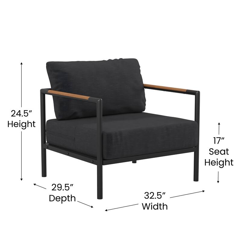 Aluminum Frame Patio Chair with Teak Arm Accents and Plush Cushions - 32.5"W x 29.5"D x 24.5"H