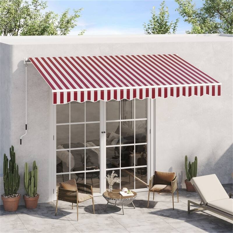 Wine Red-White Stripes Aluminum Steel Polyester Outdoor Retractable Awning - 116.25" W x 96.5" D