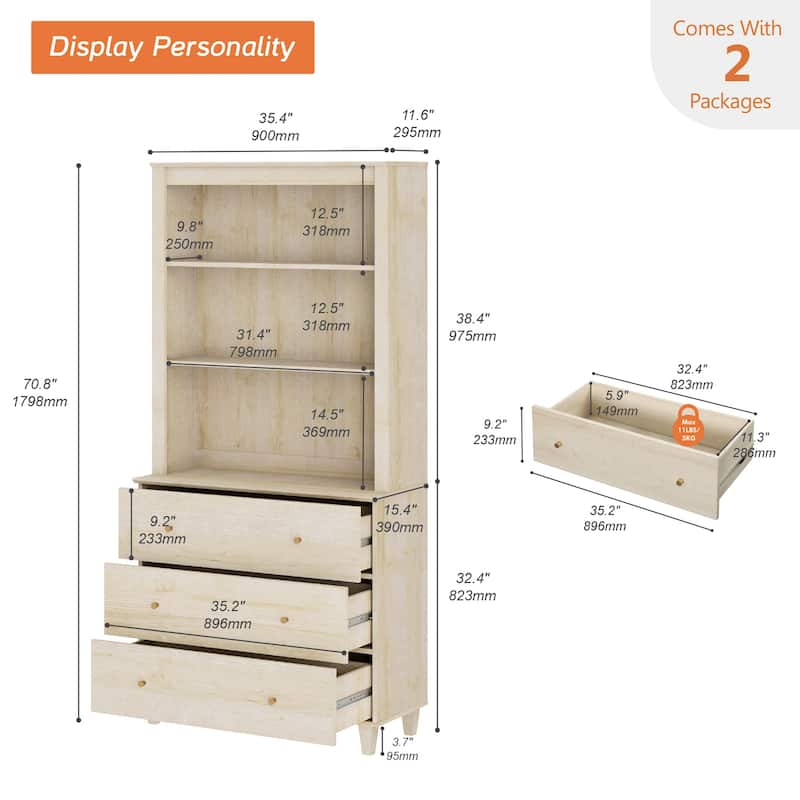 WAMPAT Modern 71 Inches Tall Bookcase with 3 Drawers, 3-Tier