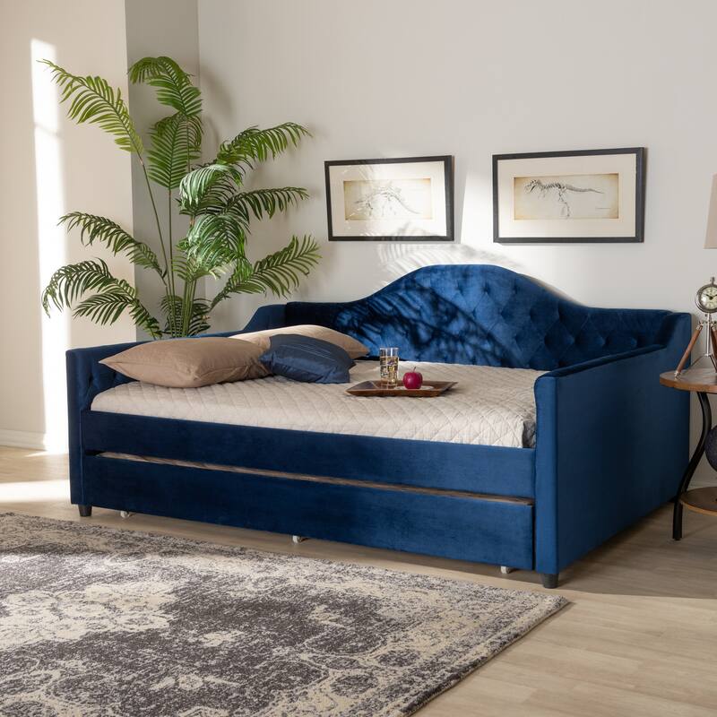 Full Size Daybed with Trundle - Navy Blue Velvet Upholstered Modern Design - Space Saving Furniture