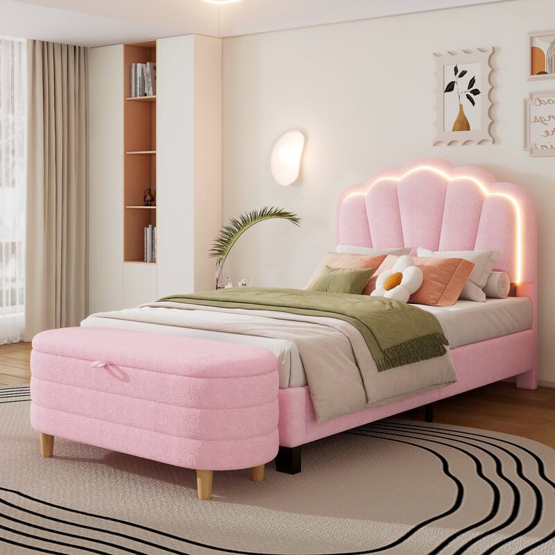 2-Pieces Bedroom Sets Upholstered LED Platform Bed with Storage Ottoman