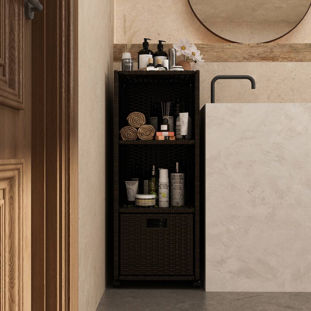 3 Layer Rattan Storage Rack, Outdoor Storage Cabinet with Wheels