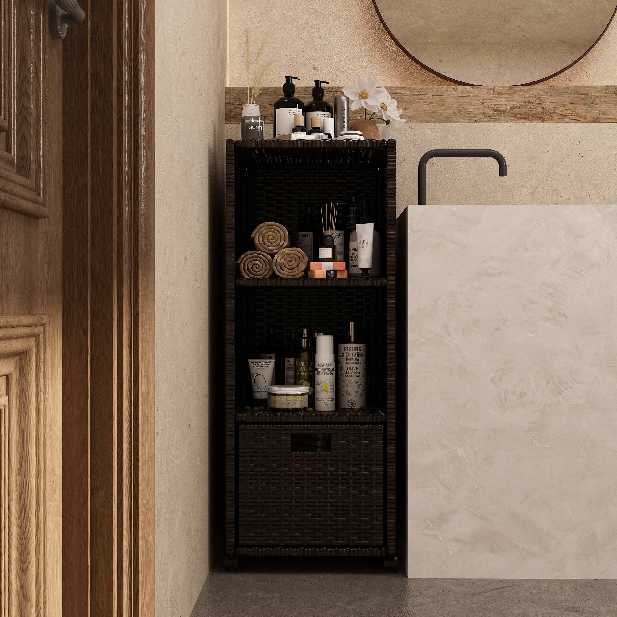 Weather-Resistant 3-Layer Rattan Storage Cabinet with Wheels Bed