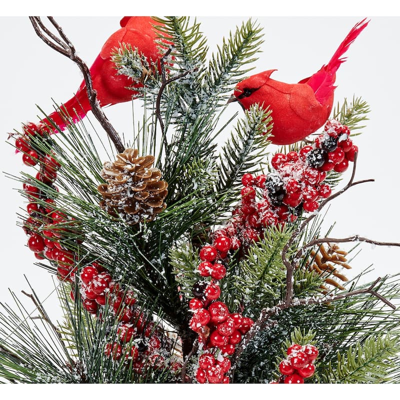 16" Red Berries, Pine, Cardinals, Cones Artificial Christmas Arrangement in a Basket - 16
