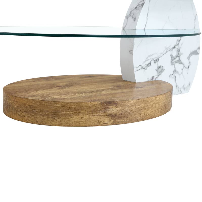 Roomfitters Double Layer Coffee Table with White Marble and Wood Grain Finish, Artistic Modern Design