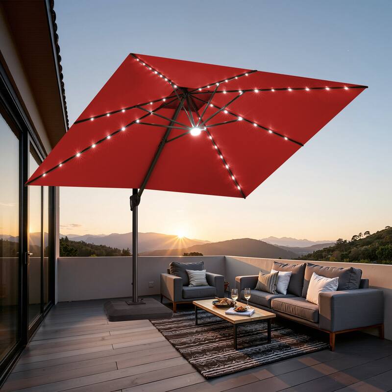 Solar-Powered LED Light 11 FT Aluminum Patio Cantilever Umbrella with Base - Red
