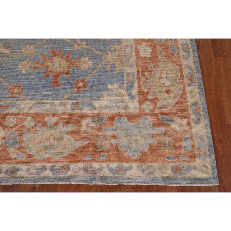 Floral Oushak Vegetable Dye Area Rug Handmade Blue Wool Carpet - 8'0" x 9'11"