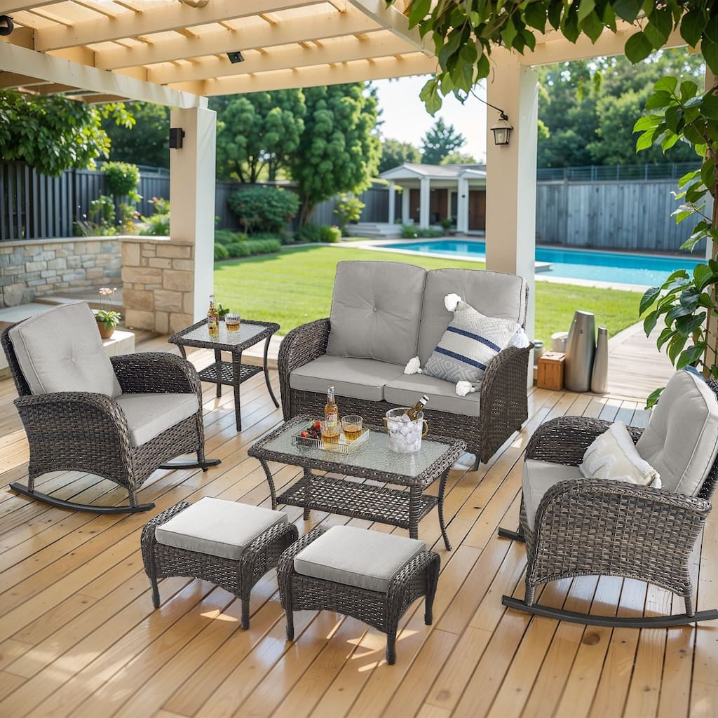 Outdoor Glider Sofa Rocker Chairs Ottomans Set Brown-Beige - Brown