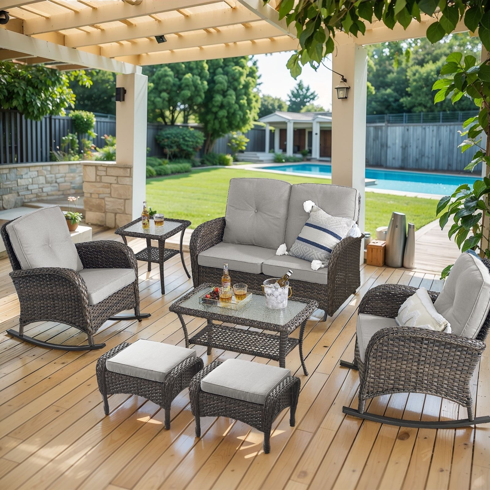 Outdoor Glider Sofa Rocker Chairs Ottomans Set Brown-Beige - Brown