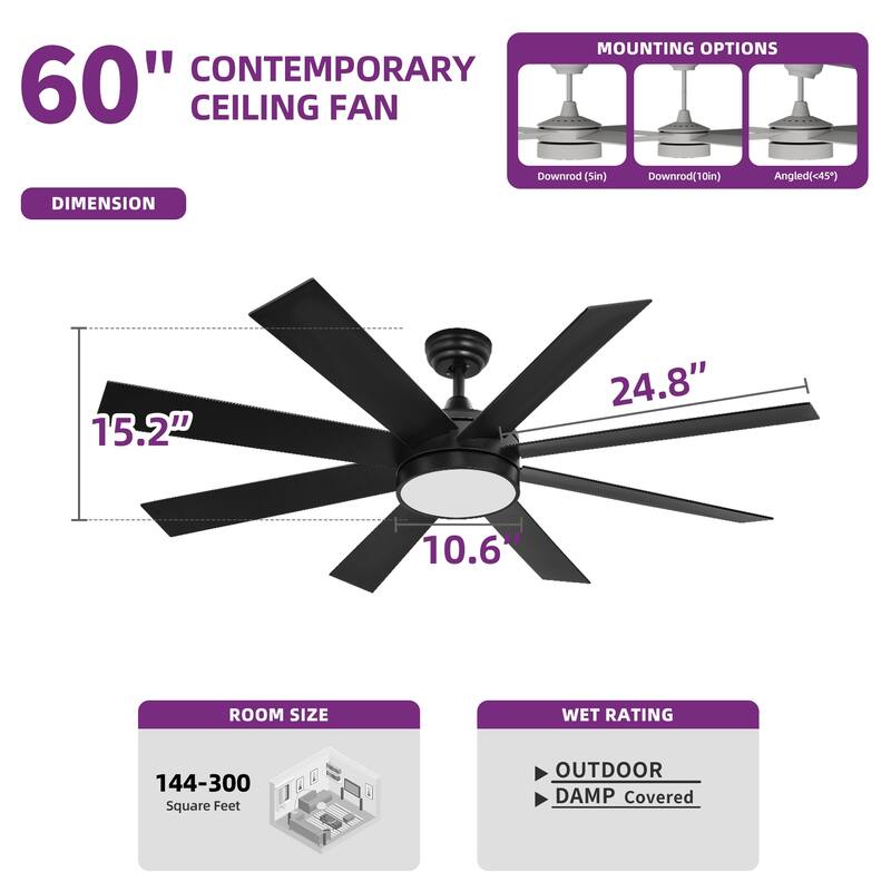60 Inch Ceiling Fan with Light and Remote 8 Blades