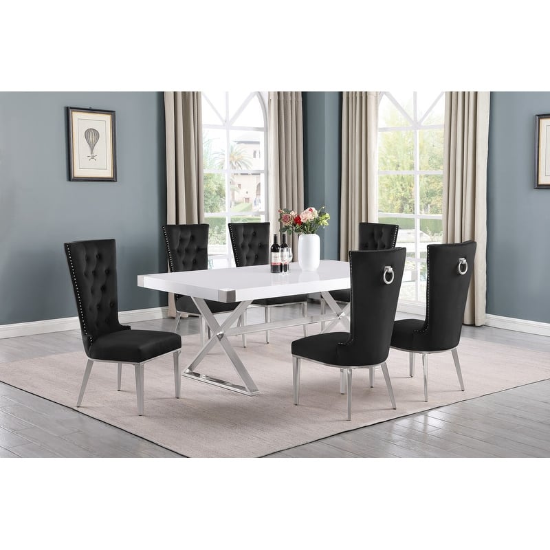 Best Quality Furniture D440/1-SC330-7 Dining Set with 78" White Lacquer Wood Top - 7-Piece - Black / Silver