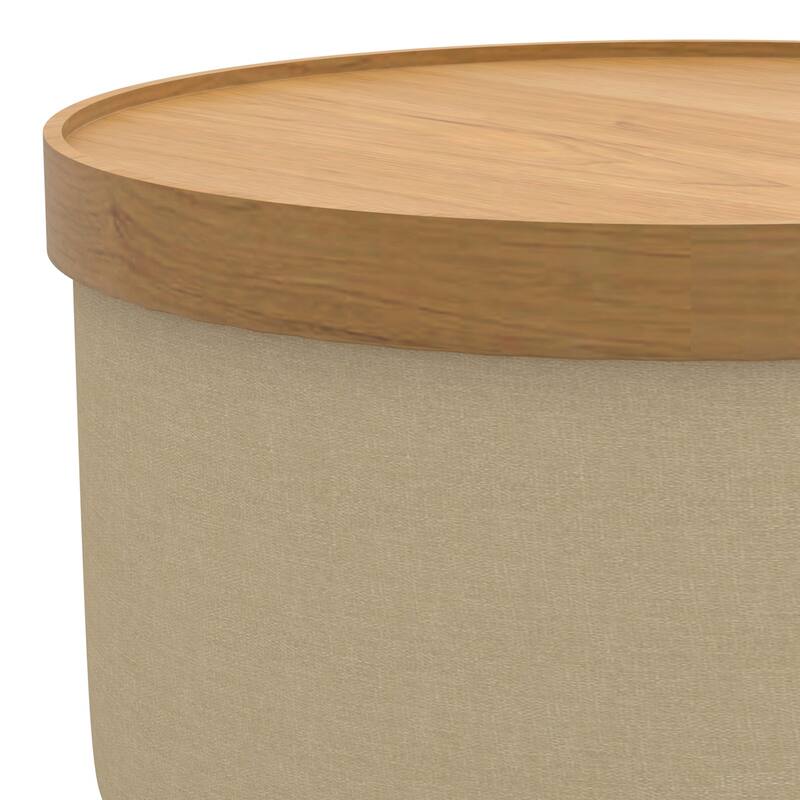 Mid-Century Modern Fabric and Wood Round Storage Ottoman with Tray