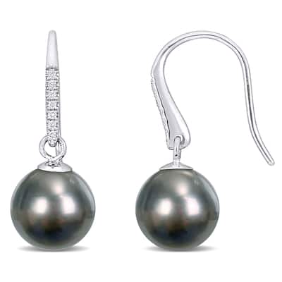 Miadora 9.5-10mm Black Tahitian Cultured Pearl and Diamond Accent Shepherd Drop Hook Earrings in 14k White Gold