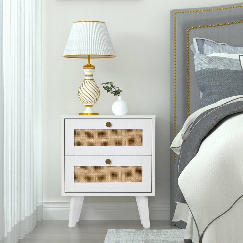 Anmytek Mid-Century Modern 2-Drawer Wood White Nightstand Sofa End Table with Storage for Bedroom