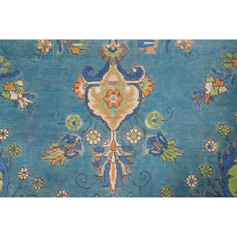Hand Knotted Oriental 100% Wool Carpet Traditional Floral Navy Blue & Blues Tabriz Area Rug - 9' 2'' X 6' 8''