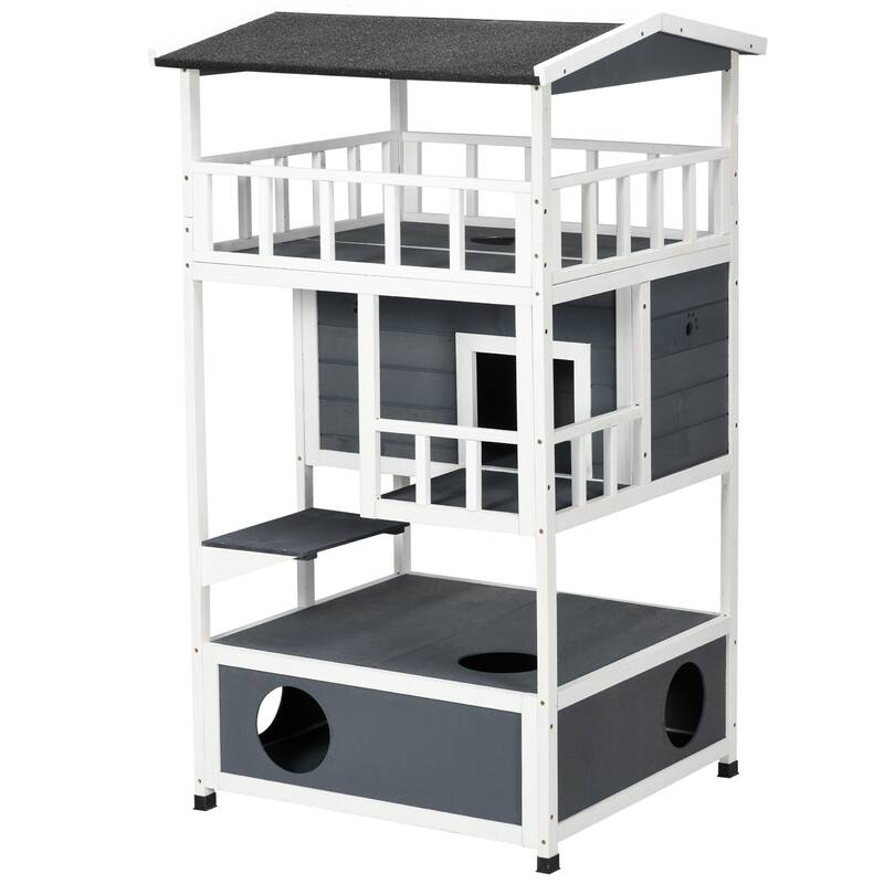 Wooden Outdoor Cat House with Escape Doors, Jumping Platforms, Balcony and Private Shelter, Cat Climbing Furniture