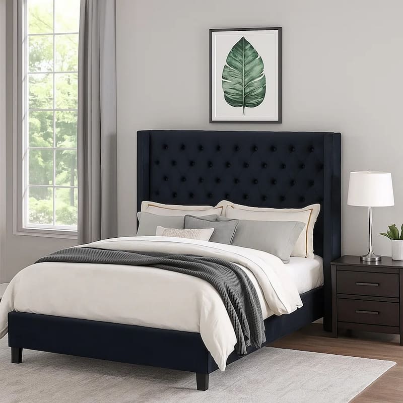 Hiu Queen Size Bed, Wingback Headboard in Black Velvet Like Upholstery