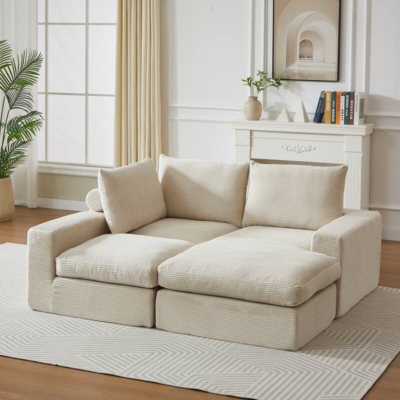 L-Shaped Sectional Sofa with Chaise Lounge, Corduroy Upholstered Boneless Couch, Module Corner Sofa with 3 Pillows