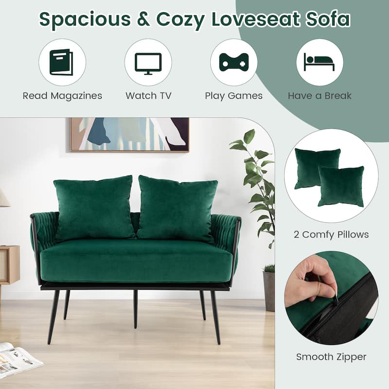Dutch Velvet Woven Loveseat Sofa with Metal Legs and 2 Cushioned Pillows - 43” x 24” x 25.5”