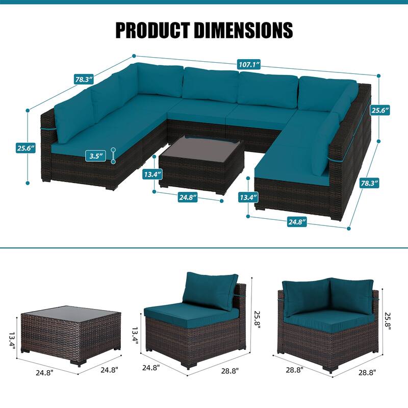 Patio Watcher Outdoor 8 Seater Rattan Sectional Set with Cusions and Coffe Table