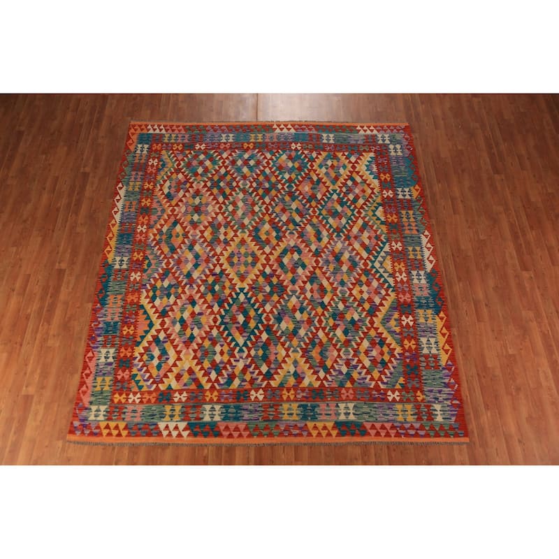 Geometric Kilim Oriental Rug Hand-Woven Multi-Color Wool Carpet - 8'5"x 9'9"