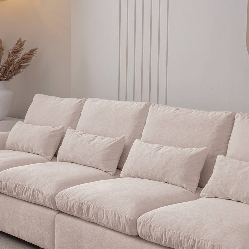 Elegant Chenille Modular Sofa with Reversible Ottoman, USB Ports & Cup Holder, Beige