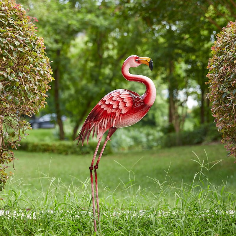 Glitzhome Metal Standing Crane Flamingo Garden Statue with Stakes Yard Art Sculpture Porch Decor - 35.25"H Flamingo
